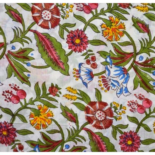 Tissu indien à la coupe 110 cm de largeur coton inde imprimé à la main block print coton fleurs indiennes blanc multicolore
