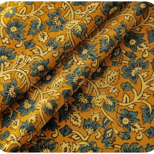 Tissu indien à la coupe 110 cm de largeur coton inde imprimé à la main block print coton fleurs ajrakh moutarde bleu