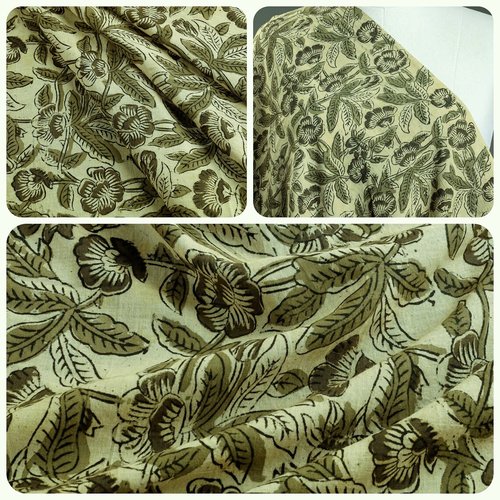 Tissu indien à la coupe 110 cm de largeur coton inde imprimé à la main block print coton fleurs ecru olive kaki