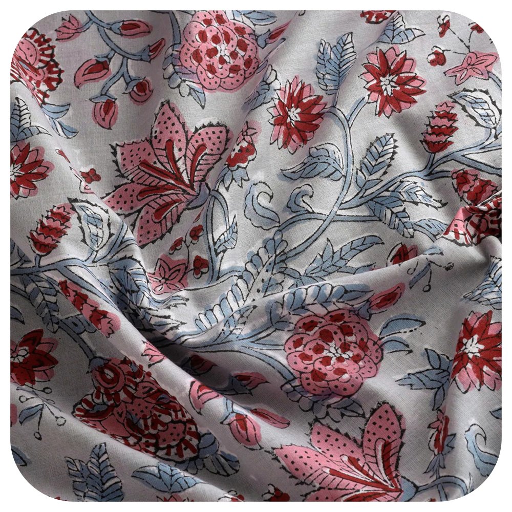 Tissu indien à la coupe coton inde imprimé à la main block print coton  fleurs gris rose - Un grand marché