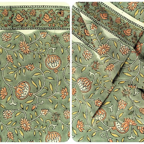 Tissu indien à la coupe 110 cm de largeur coton inde imprimé à la main block print coton fleurs indiennes gris pêche jaune