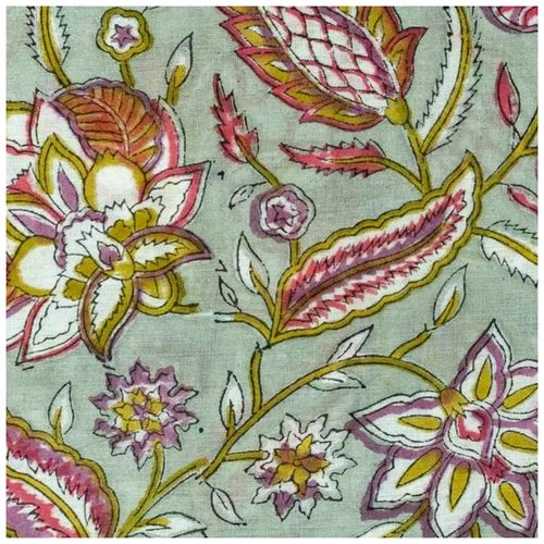 Coupon tissu  93 x 110 cm coton inde imprimé à la main block print coton indien fleurs indiennes gris jaune rose blanc