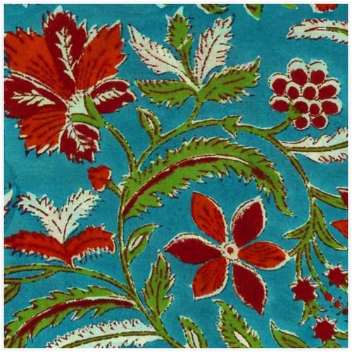 Tissu indien à la coupe 110 cm de largeur coton inde imprimé à la main block print coton fleurs bleu turquoise corail rouge vert