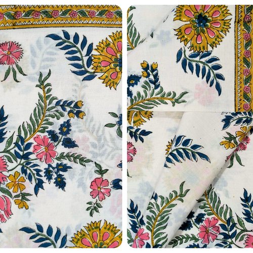 Tissu indien à la coupe 110cm de largeur coton inde imprimé main block print bordure coton fleurs blanc moutarde bleu rose