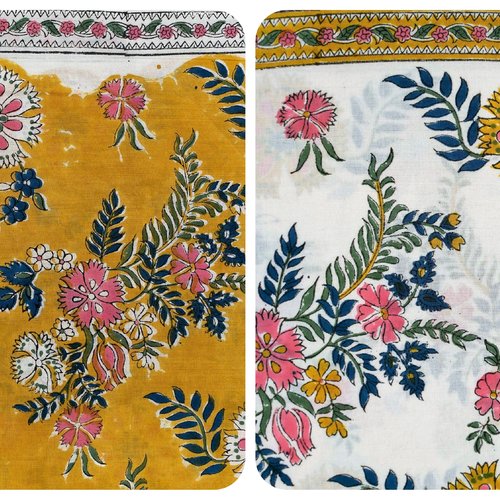 Tissu indien à la coupe 110cm de largeur coton inde imprimé main block print bordure coton fleurs blanc moutarde bleu rose
