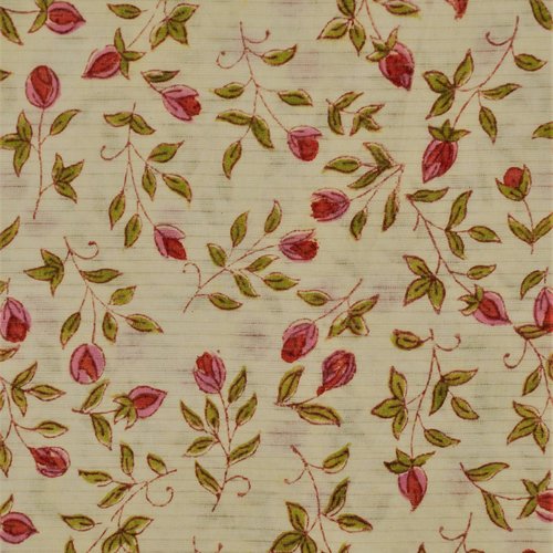 Tissu indien à la coupe coton inde imprimé à la main block print coton indien fleurs boutons de rose ecru rose vert rayu