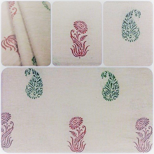 Tissu indien à la coupe 110cm de large coton imprimé à la main block print coton indien fleurs paisley petits carreaux beige vert rouge