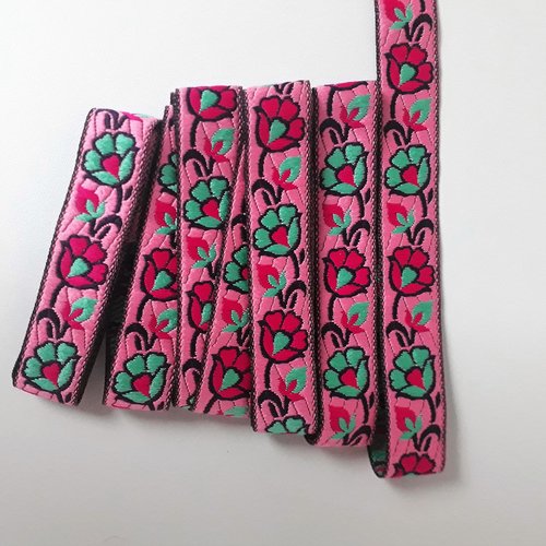 Galon indien tissé fleurs inde largeur 2.3 cm scrapbooking mercerie couture customisation rose turquoise fuchsia