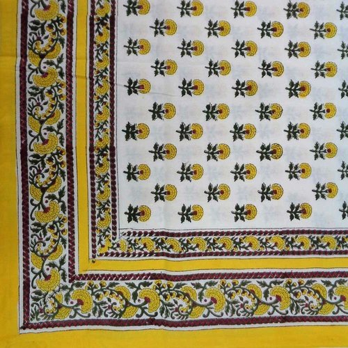 Grande pièce tissu indien 220x150cm rectangulaire coton block print inde fleurs blanc jaune moutarde pourpre