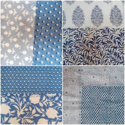 Grande pièce tissu indien 150x150cm carrée coton block print inde fleurs patchwork bleu blanc