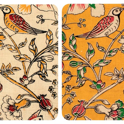 Tissu indien à la coupe coton inde imprimé à la main block print fleurs indiennes oiseaux jaune moutarde ecru multicolo