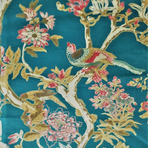 Tissu indien à la coupe voile de coton indien imprimé/sérigraphié à la main inde tropical fleurs oiseaux emeraude multicolor