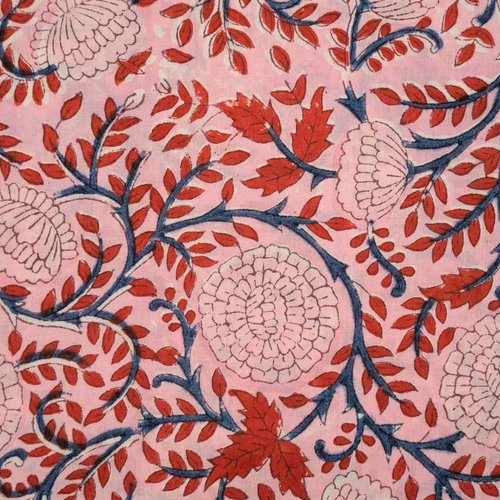 Tissu indien à la coupe 110 cm de largeur coton inde imprimé à la main block print coton indien fleurs rose ecru rouge bleu