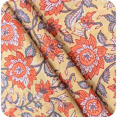 Tissu indien à la coupe coton inde imprimé main block print coton fleurs jaune pastel corail gris
