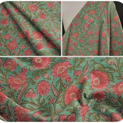 Coupon tissu indien 45x110 cm de largeur coton inde imprimé à la main block print coton fleurs vert eau rose