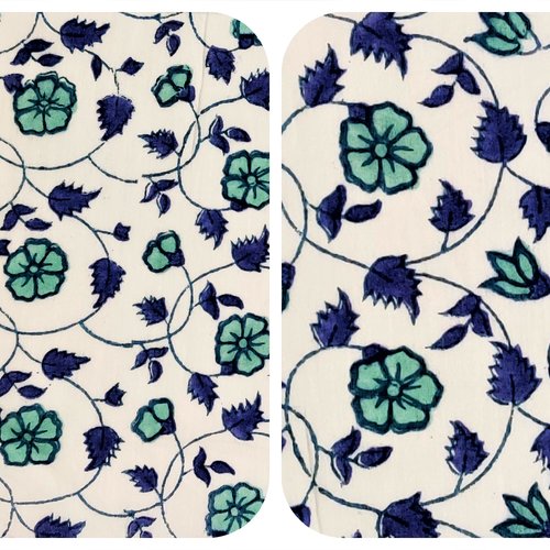 Tissu indien à la coupe 110 cm de largeur coton inde imprimé à la main block print coton fleurs blanc bleu marine turquoise