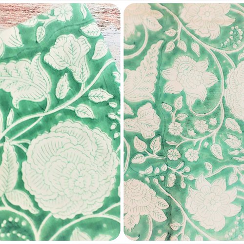 Tissu indien à la coupe 110 cm de largeur coton inde imprimé à la main block print coton indien fleurs blanc vert d'eau