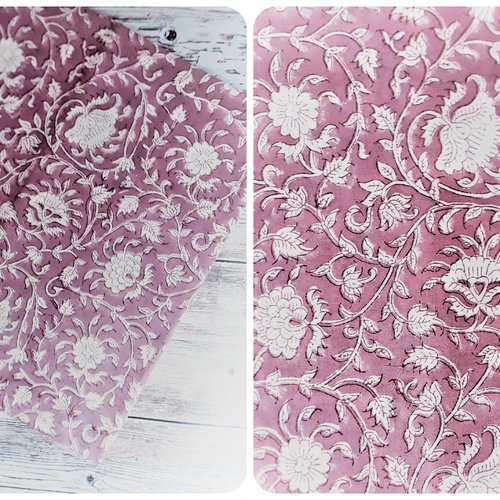 Tissu indien à la coupe 110cm de largeur coton inde imprimé à la main block print fleurs blanc mauve