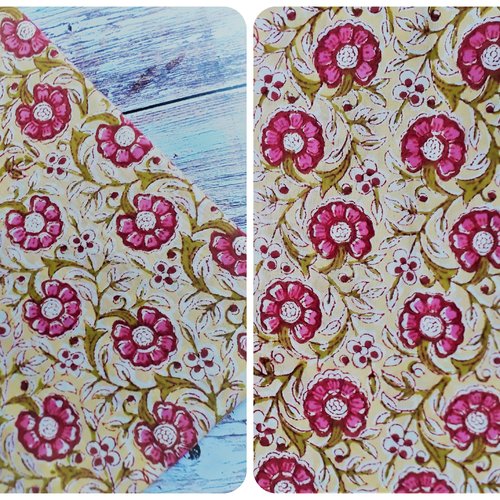 Tissu indien à la coupe 110 cm de largeur coton inde imprimé à la main block print coton indien fleurs jaune paille rose fuchsia