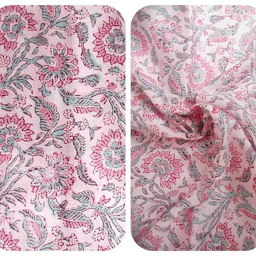 Coupon tissu indien 90 x 110 cm coton inde imprimé à la main block fleurs rose pastel rose turquoise