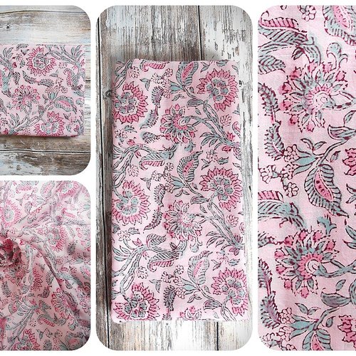 Coupon tissu indien 90 x 110 cm coton inde imprimé à la main block fleurs rose pastel rose turquoise