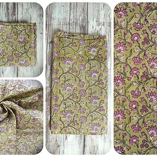 Coupon tissu indien 95x105 cm coton inde imprimé main block print coton fleurs vert olive mauve
