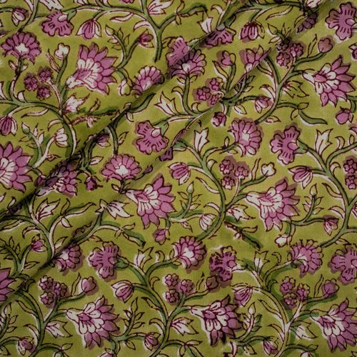 Coupon tissu indien 95x105 cm coton inde imprimé main block print coton fleurs vert olive mauve