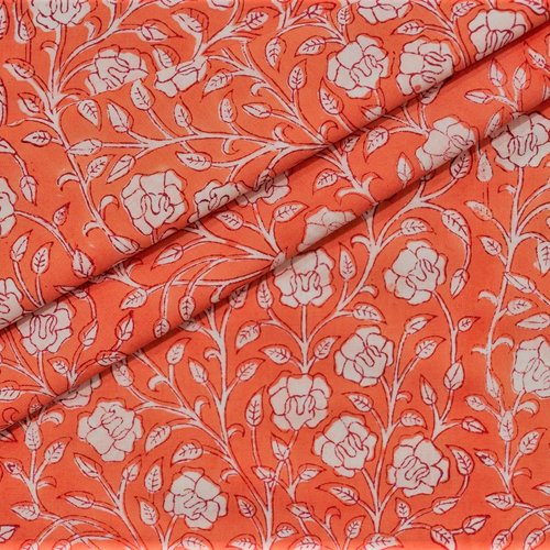 Tissu indien à la coupe coton inde imprimé main block print coton fleurs melon corail blanc