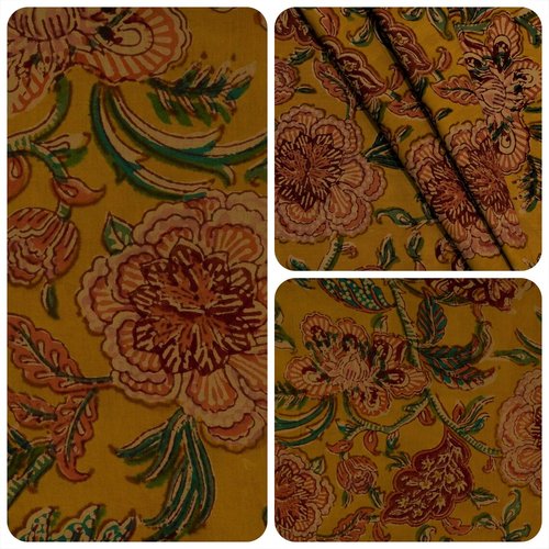 Tissu indien à la coupe 110cm de largeur coton inde imprimé main block print fleurs jaune moutarde multicolore