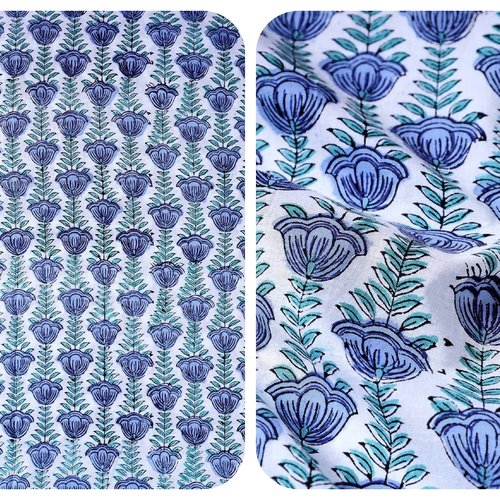 Coupon tissu indien 50x50 cm de largeur coton inde imprimé à la main block print coton fleurs indiennes blanc bleu