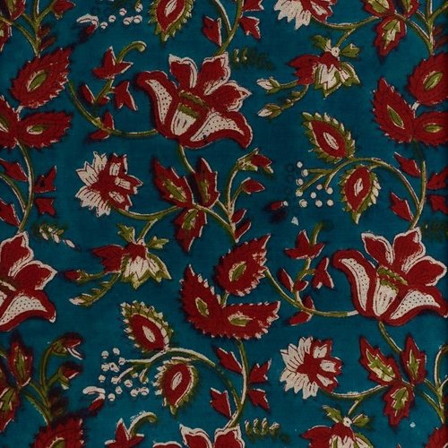 Tissu indien à la coupe coton inde imprimé main block print coton fleurs rouge vert bleu