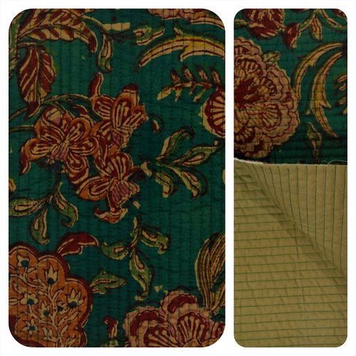 Coupon tissu indien 40x100cm matelassé coton inde imprimé main block print coton fleurs vert emeraude multicolore