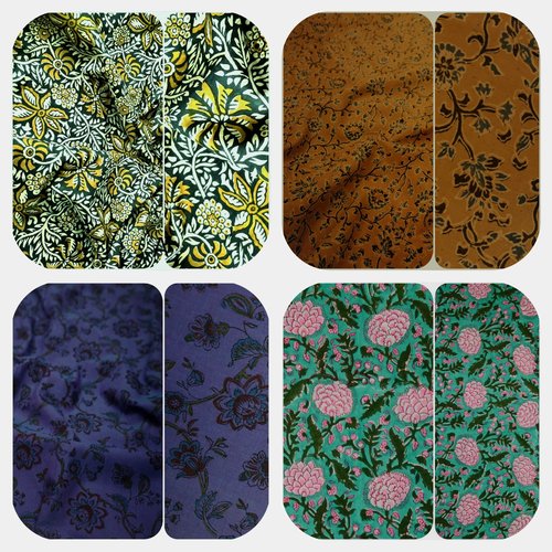 Tissu indien à la coupe 110cm de largeur coton inde imprimé main block print coton fleurs bleu moutarde turquoise rose vert multicolore