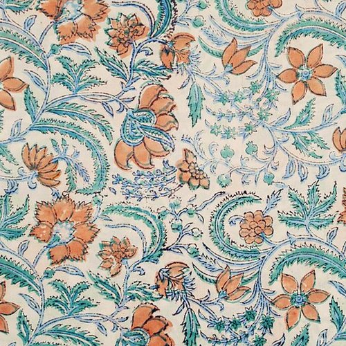 Tissu indien à la coupe 110cm de largeur coton inde imprimé main block print coton fleurs blanc corail bleu vert