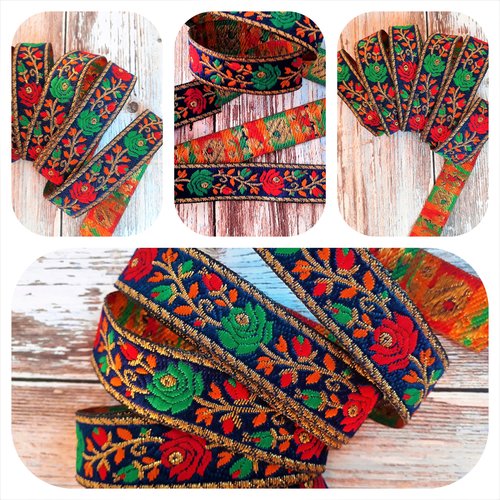 Galon indien tissé fleurs inde largeur 2 cm scrapbooking mercerie couture customisation marine bleu multicolore
