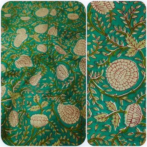 Coupon tissu indien 80 x 110 cm de largeur coton inde imprimé à la main block print coton indien fleursturquoise vert ecru rouge