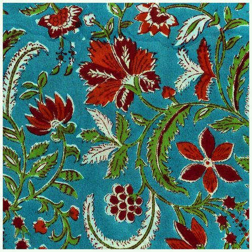 Coupon tissu indien 32x110cm coton inde imprimé main block print fleurs turquoise rouge  corail vert