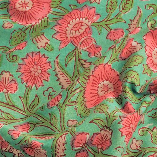 Coupon tissu indien 45x110cm coton inde imprimé main block print fleurs turquoise rose vert