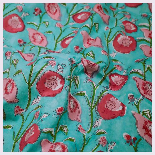 Coupon tissu indien 30x110cm coton inde imprimé main block print fleurs turquoise rose vert