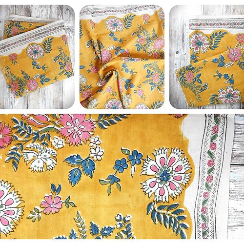 Coupon tissu  90 x 110 cm coton inde imprimé à la main block print coton indien fleurs indiennes jaune moutarde rose blanc vert