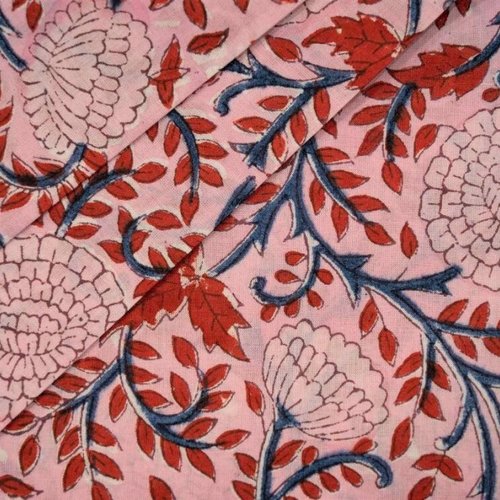Coupon tissu indien 40 x 110 cm de largeur coton inde imprimé à la main block print coton indien fleurs rose ecru rouge bleu