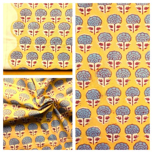Coupon tissu indien 50 x 250  cm de largeur coton inde imprimé à la main block print coton indien fleurs jaune moutarde bleu