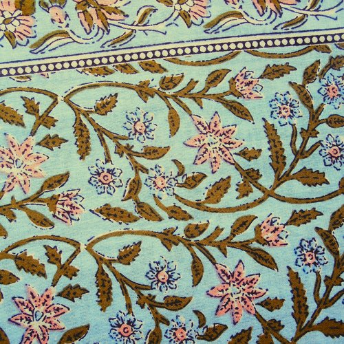 Tissu indien à la coupe coton inde imprimé main block print coton fleurs bleu kaki rose bordure