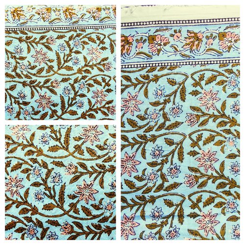 Tissu indien à la coupe coton inde imprimé main block print coton fleurs bleu kaki rose bordure