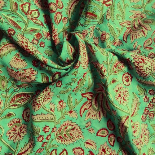 Tissu indien à la coupe coton inde imprimé main block print coton fleurs turquoise rose rouge