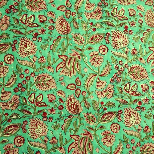 Tissu indien à la coupe coton inde imprimé main block print coton fleurs turquoise rose rouge