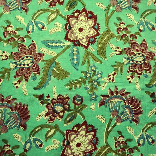 Tissu indien à la coupe coton inde imprimé main block print coton fleurs turquoise multicolore