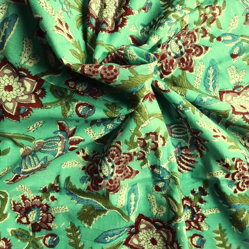 Tissu indien à la coupe coton inde imprimé main block print coton fleurs turquoise multicolore