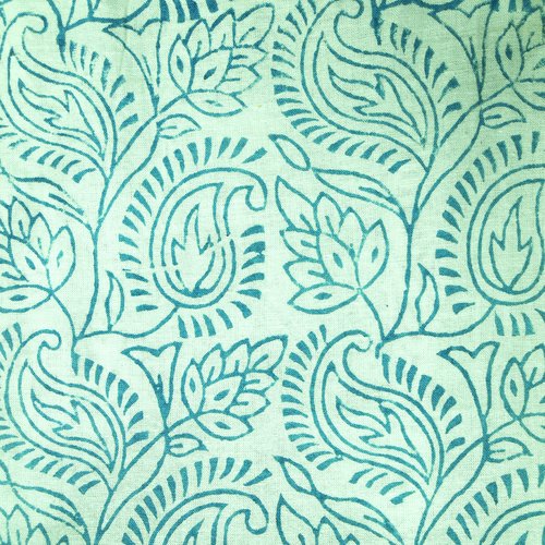 Tissu indien à la coupe coton inde imprimé main block print coton fleurs paisley bleu blanc