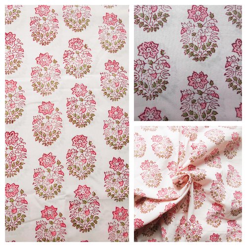 Tissu indien à la coupe coton inde imprimé main block print coton fleurs rose vert blanc